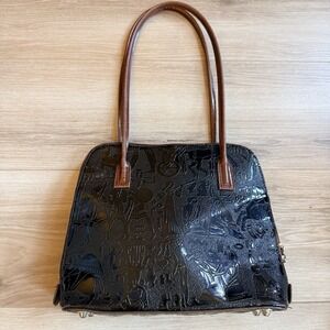 Patent Leather Egyptian Embossed Design Shoulder Purse Black